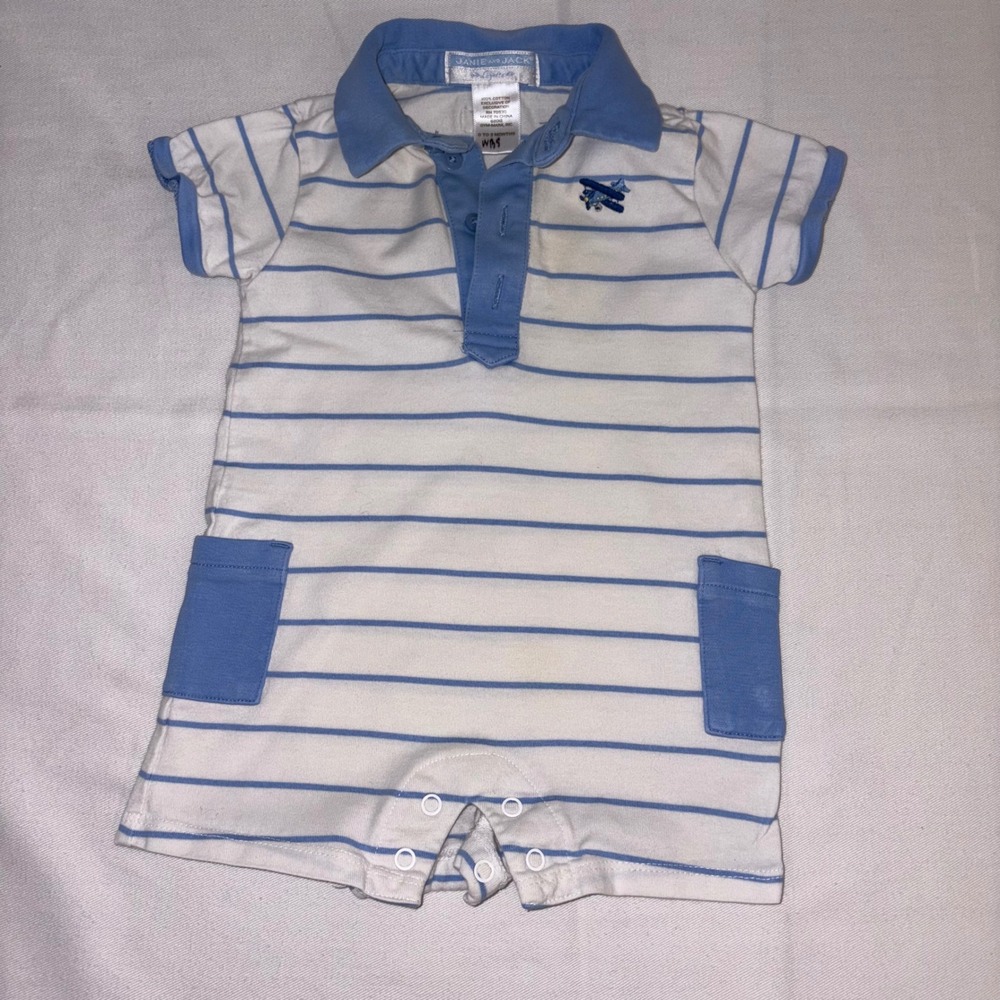 Janie and Jack Baby Boy‎ Romper Shortalls Striped Blue White Airplane Logo  0 3M